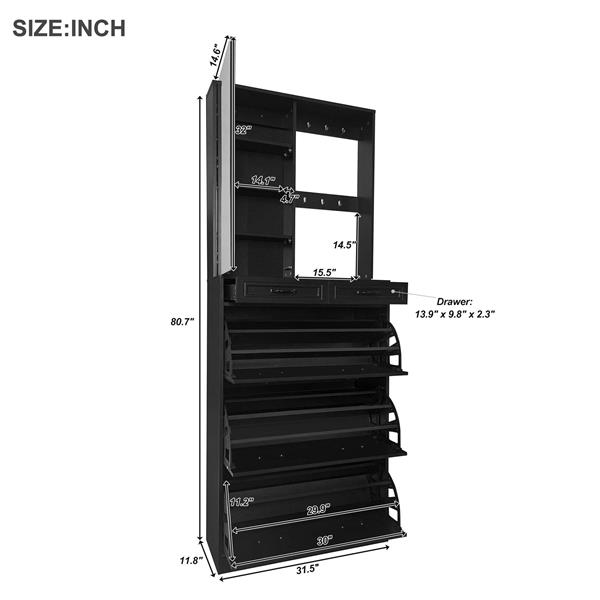 Multi-functional Shoe Cabinet with 3 Flip Drawers, Elegant Hall Tree with Mirror, Freestanding Entryway Organizer Shoe Rack with 6 Hanging Hooks for Hallway, Black