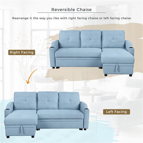 80.3". Pull Out Sofa Bed Modern Padded Upholstered Sofa Bed , Linen Fabric 3 Seater Couch with Storage Chaise and Cup Holder , Small Couch for Small Spaces