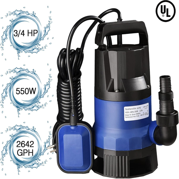 3/4HP 2642 GPH 550W Submersible Dirty Clean Water Pump Swimming Pool Pond Flood Drain Heavy Duty Water Transfer（(not shipped on weekends)