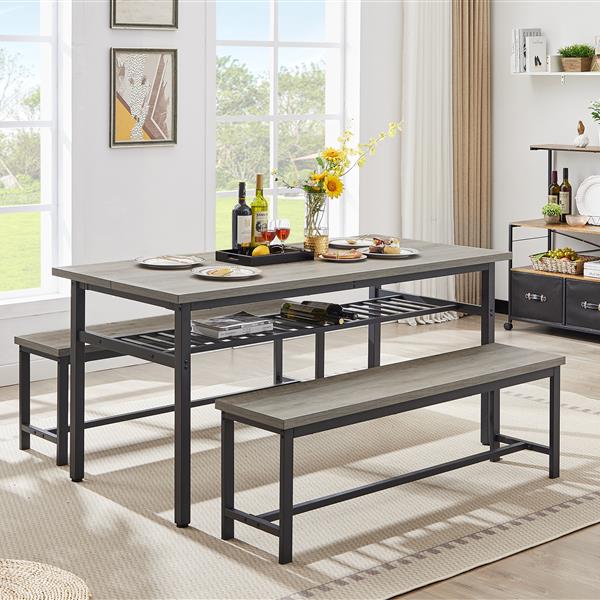 Oversized dining table set for 6, 3-Piece Kitchen Table with 2 Benches, Dining Room Table Set for Home Kitchen, Restaurant, Rustic Grey, 67'' L x 31.5'' W x 31.7'' H.