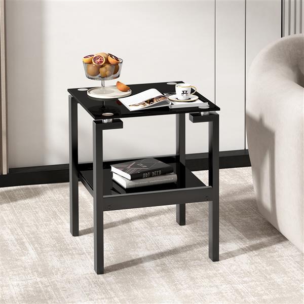 Black Tempered Glass End Table with 2 layer, Small Side Table for Living Room