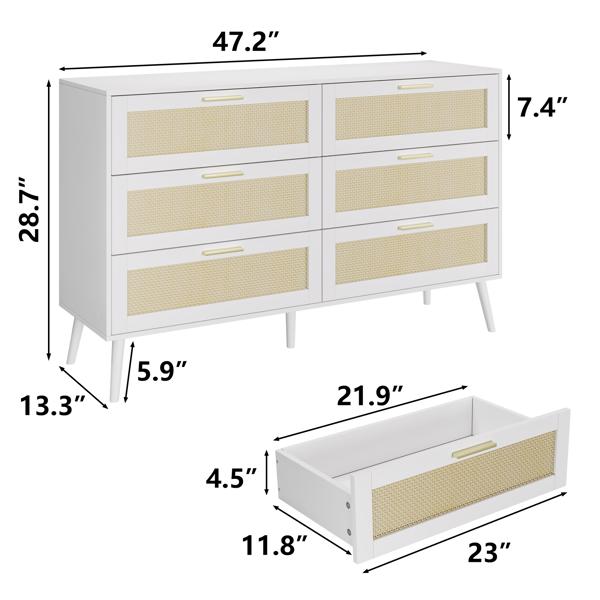 white Rattan 6 Drawers Chest of Dressers for Bedroom Modern 6 Drawer Dresser, Wide Chest of Drawers with Gold Handles, Rattan Dresser Storage Cabinet for Living Room, Bedroom, Hallway 