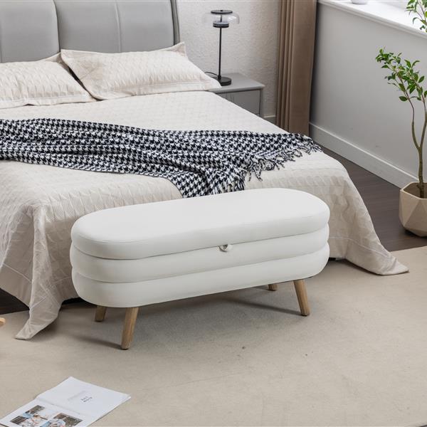 036-Velvet Fabric Storage Bench Bedroom Bench With Wood Legs For Living Room Bedroom Indoor,Ivory