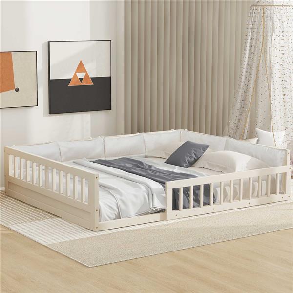 Wood Full Size Upholstered Platform Bed with Guardrail and Pillow, Beige