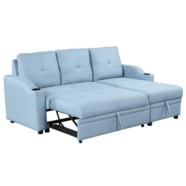 80.3". Pull Out Sofa Bed Modern Padded Upholstered Sofa Bed , Linen Fabric 3 Seater Couch with Storage Chaise and Cup Holder , Small Couch for Small Spaces