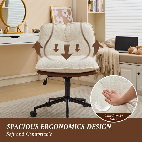 Oversize Seat Cirss Cross Chair with Wheels, Elegant Design Computer Chair, Adjustable Height 360° Rolling Swivel Home Office Chair for Small Space, Dressing Room, Living Room (BROWN+WHITE)