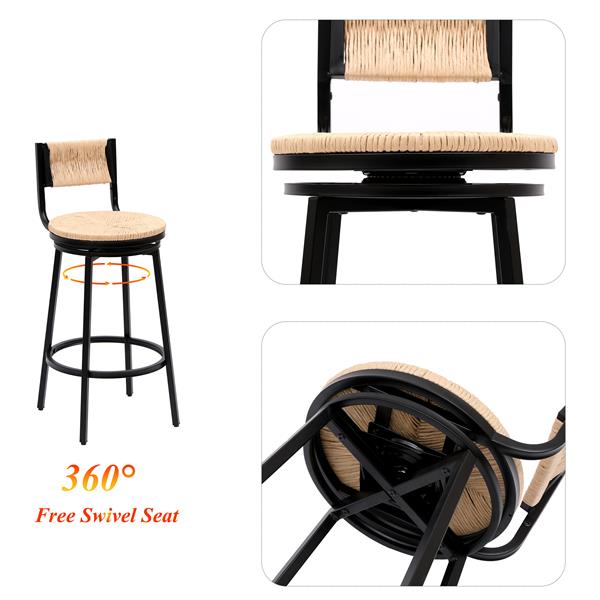 Swivel Bar Stools Paper Rope Handwoven Barstools with Back Set of 2 Rustic Round Counter Chairs for Dining Room, Kitchen Island (Honey)