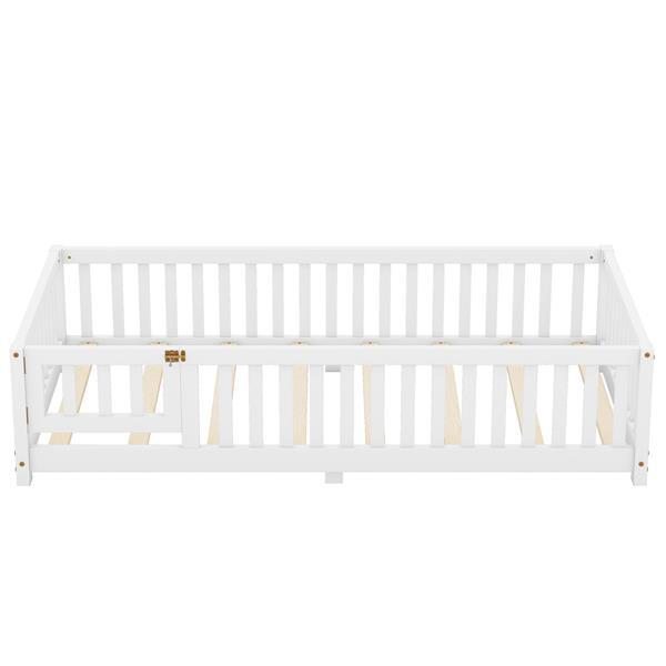 Twin Size Bed Floor Bed with Safety Guardrails and Door for Kids, White