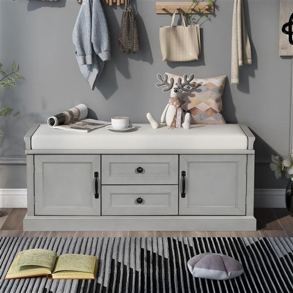 Storage Bench with 2 Drawers and 2 Cabinets, Shoe Bench with Removable Cushion for Living Room, Entryway (Gray Wash)