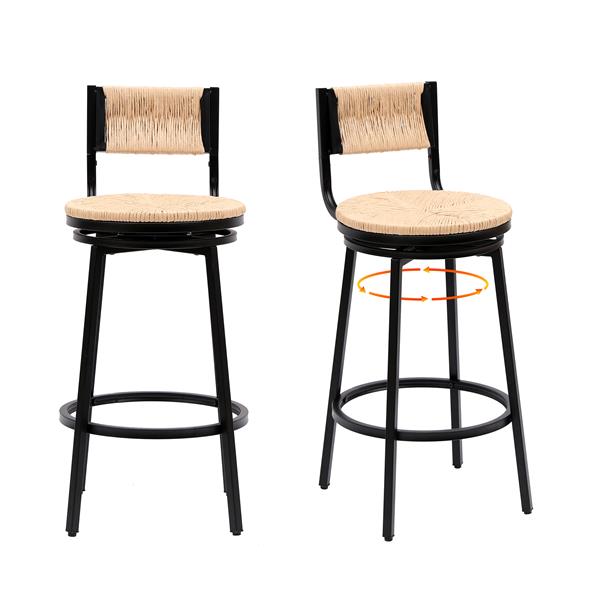 Swivel Bar Stools Paper Rope Handwoven Barstools with Back Set of 2 Rustic Round Counter Chairs for Dining Room, Kitchen Island (Honey)