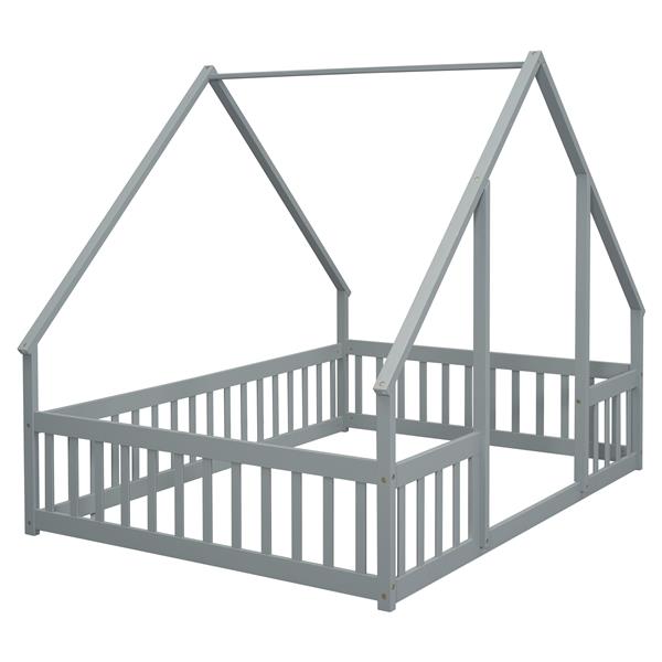 Full Wood House-Shaped Floor Bed with Fence, Guardrails,Grey