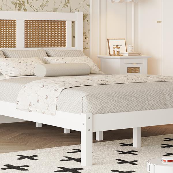 Full Size Wooden Platform Bed with Natural Rattan Headboard, Exquisite Elegance with Minimalist Charm for Bedroom, White