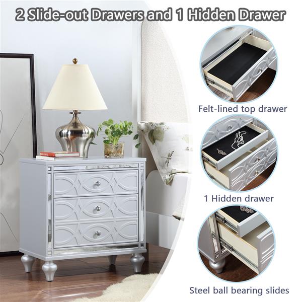 Contemporary Nightstands with mirror frame accents, Bedside Table with two drawers and one hidden drawer, End Table with Crystal Pull for Living Room,Bedroom, Silver