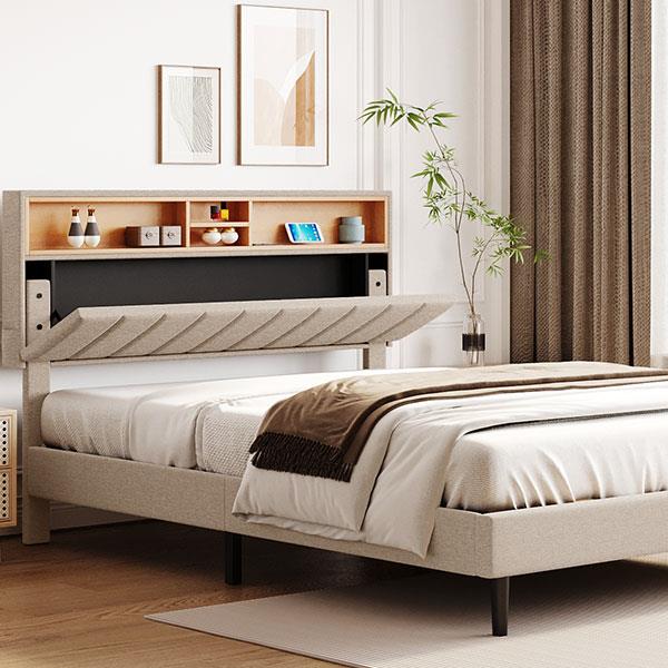 Queen Size Upholstered Platform Bed with Storage Headboard and USB Port,  Linen Fabric Upholstered Bed (Beige)