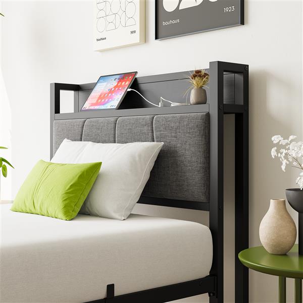 Twin Size Bed Frame, Storage Headboard with Charging Station, Solid and Stable, Noise Free, No Box Spring Needed, Easy Assembly