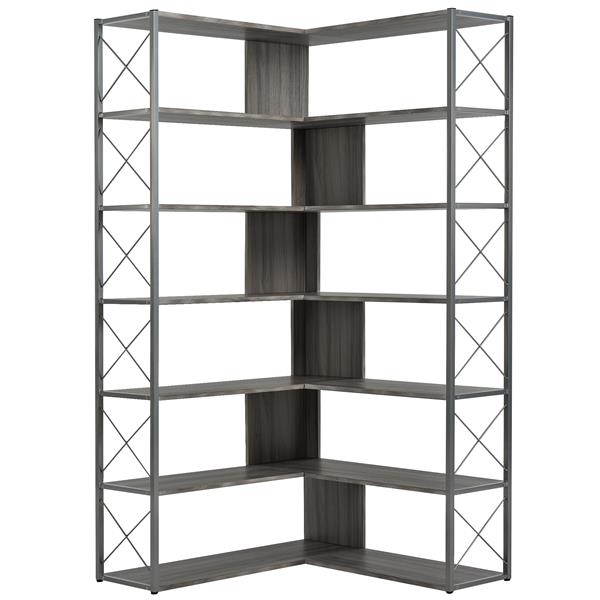 Silver+Grey 7-Tier Bookcase Home Office Bookshelf,  L-Shaped Corner Bookcase with Metal Frame, Industrial Style Shelf with Open Storage, MDF Board