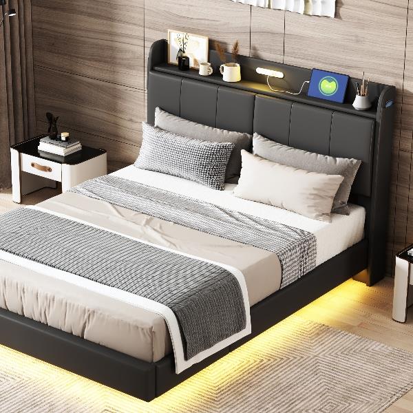 Queen Size Floating Bed Frame with Storage Headboard, Modern Upholstered Platform Bed with Touch Sensor Night Light and USB Charger, Black