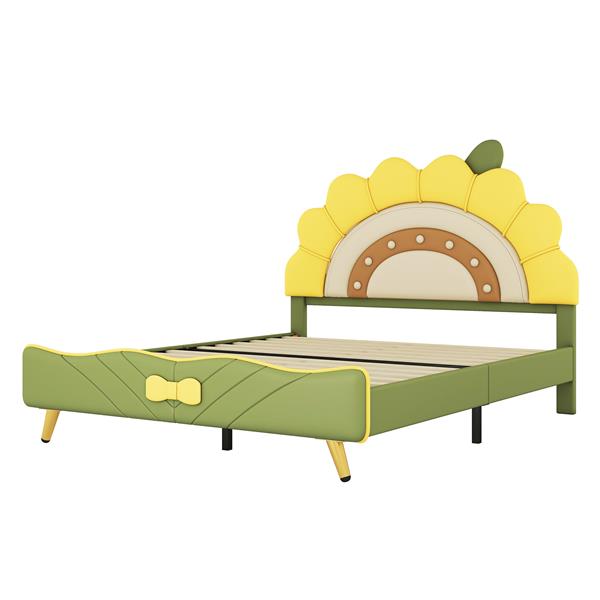 Full Size Upholstered Platform Bed with Sunflower Shaped Headboard, Green