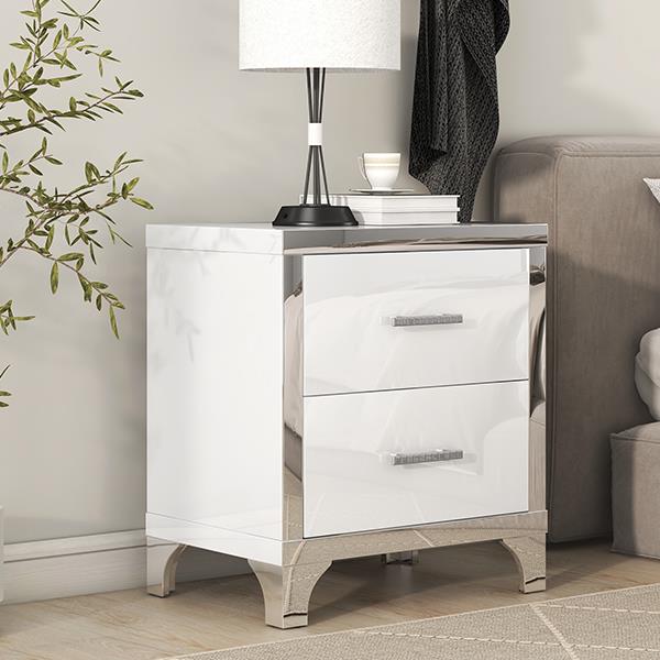 Elegant High Gloss Nightstand with Metal Handle,Mirrored Bedside Table with 2 Drawers for Bedroom,Living Room,White