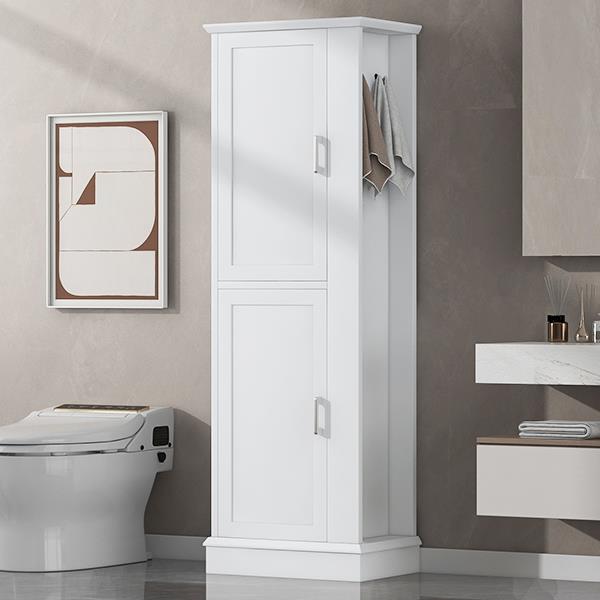 Tall Bathroom Storage Cabinet, Freestanding Storage Cabinet with Hook and Adjustable Shelf, MDF Board, White