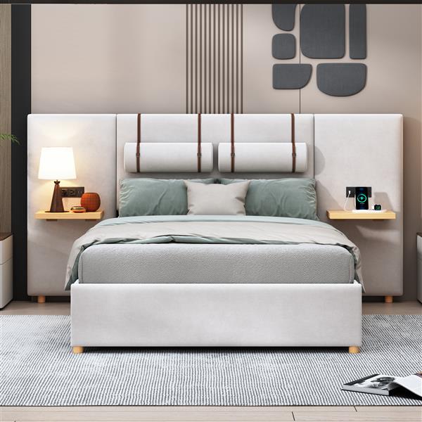 Full Size Upholstered Platform Bed, Two Outlets and USB Charging Ports on Both Sides, Two Bedside Pillows, Storage Shelves, Beige