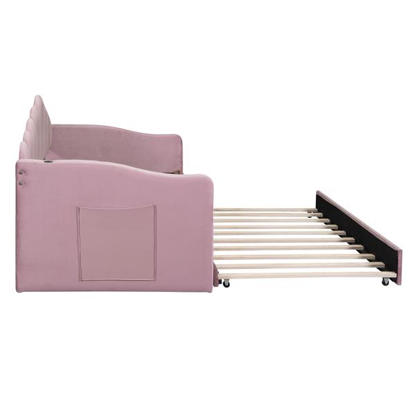 Twin size Upholstered Daybed with Trundle ,Velvet Sofabed with USB Charging Ports,No Box-spring Needed,Pink