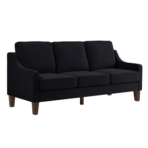 Modern 3 Person seat Sofa Couch with Scooped Armrest/Wood legs,Upholstered Velvet 3-seat Sofa with Removable Cushions for Livingroom Bedroom,Black 