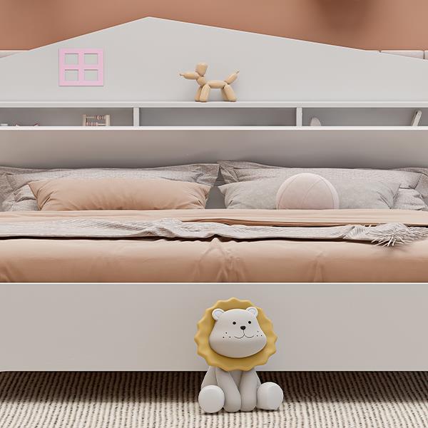 Wooden Full Size House Bed with Storage Headboard ,Kids Bed with Storage Shelf,White