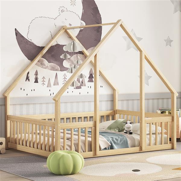 Full Wood House-Shaped Floor Bed with Fence, Guardrails,Natural