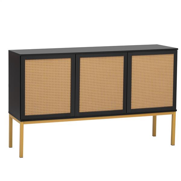 Large Storage Space Sideboard with Artificial Rattan Door and Rebound Device for Living Room and Entryway (Black)