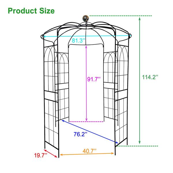 Metal Garden Arch Iron Garden Arbors Gazebo Dia81.3'' x 114.2'' High Birdcage Shape Pergola Pavilion for Wedding Ceremony
Outdoor Black