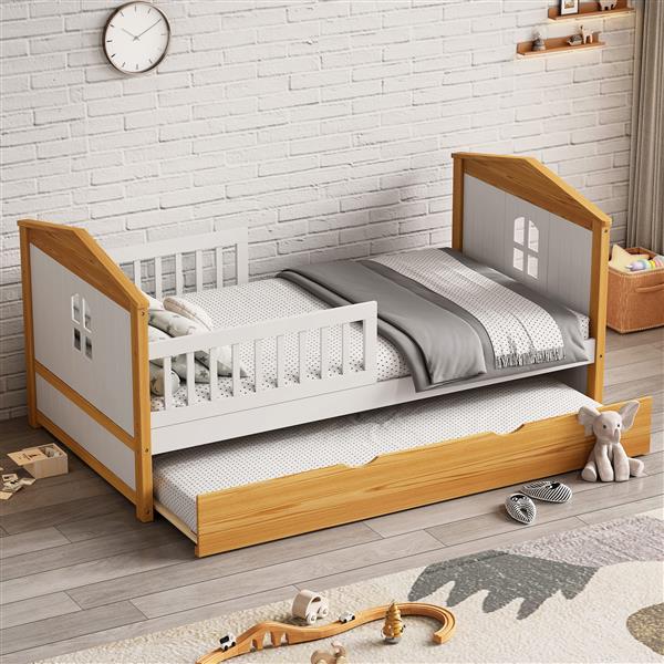 Twin Size House Shape Bed with Trundle Wooden Bed for Girls Boys Teens, No Box Spring Needed, Walnut and White