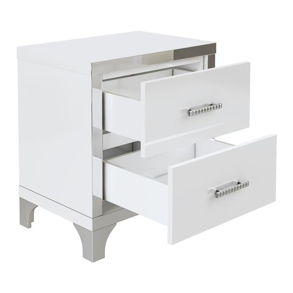 Elegant High Gloss Nightstand with Metal Handle,Mirrored Bedside Table with 2 Drawers for Bedroom,Living Room,White