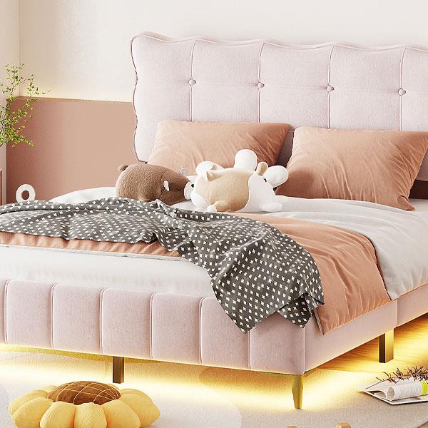 Queen Size Velvet Platform Bed with LED Frame and Stylish Mental Bed Legs, Pink