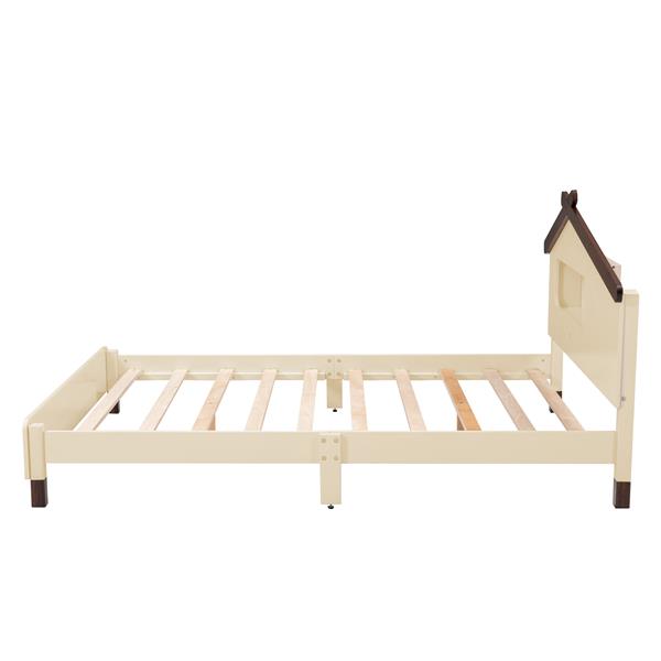 Full Size Wood Platform Bed with House-shaped Headboard and Motion Activated Night Lights (Cream+Walnut)