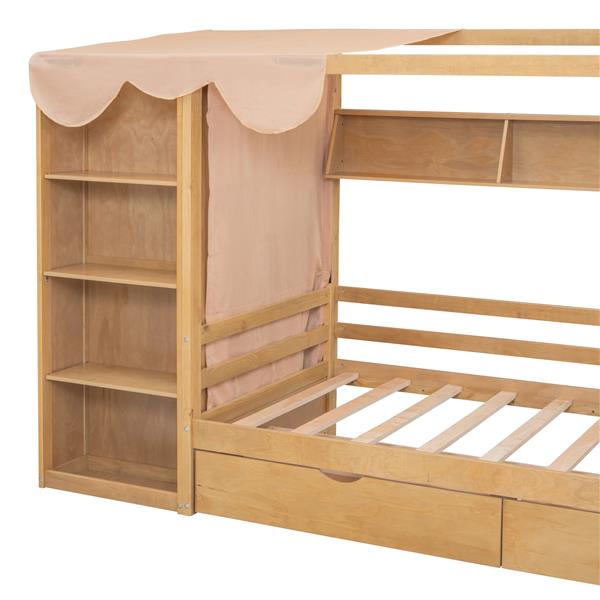 Twin size House Bed with Two Drawers and Wardrobe,Natural