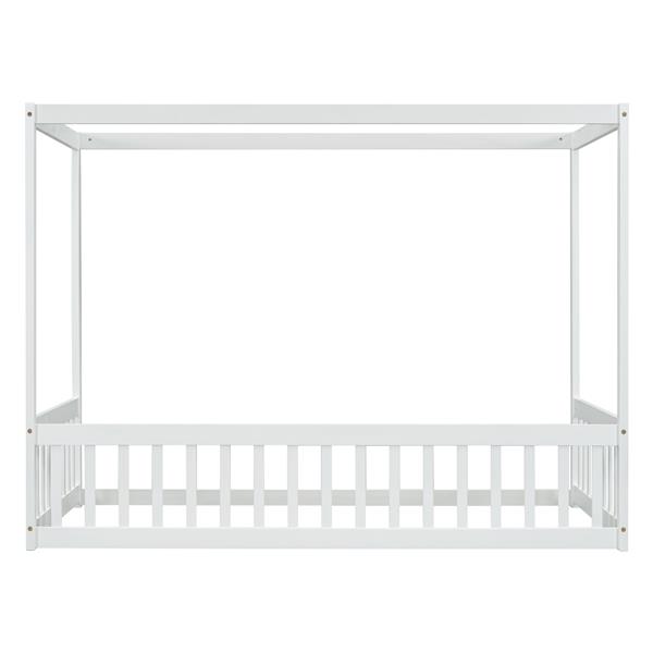 Twin Size Canopy Frame Floor Bed with Fence, Guardrails,White