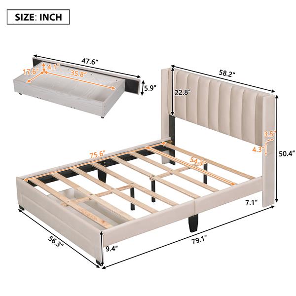 Full Size Storage Bed Velvet Upholstered Platform Bed with a Big Drawer - Beige