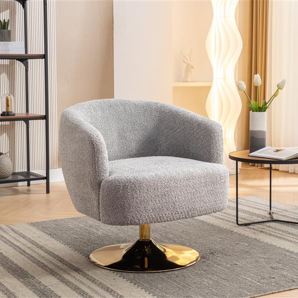 048-Chenille Fabric Swivel Chair With Gold Metal Round Base,Light Gray