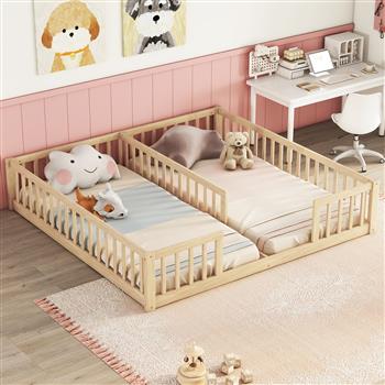 Double Twin Floor Bed with Fence, Guardrails, without door, Natural