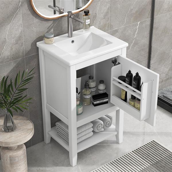 20" Bathroom Vanity with Sink, Bathroom Cabinet with Soft Closing Door, Storage Rack and Open Shelf, White