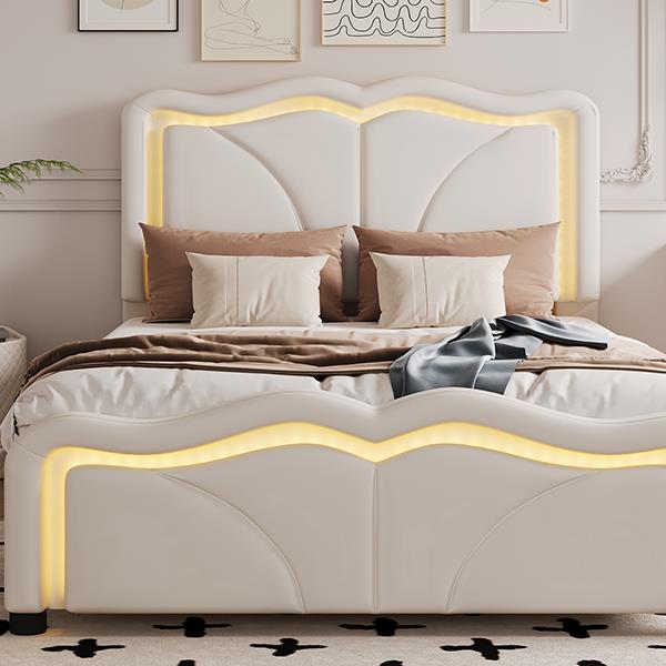 Twin Size Upholstered Platform Bed with Curve Shaped and Height-adjustbale Headboard,LED Light Strips,White