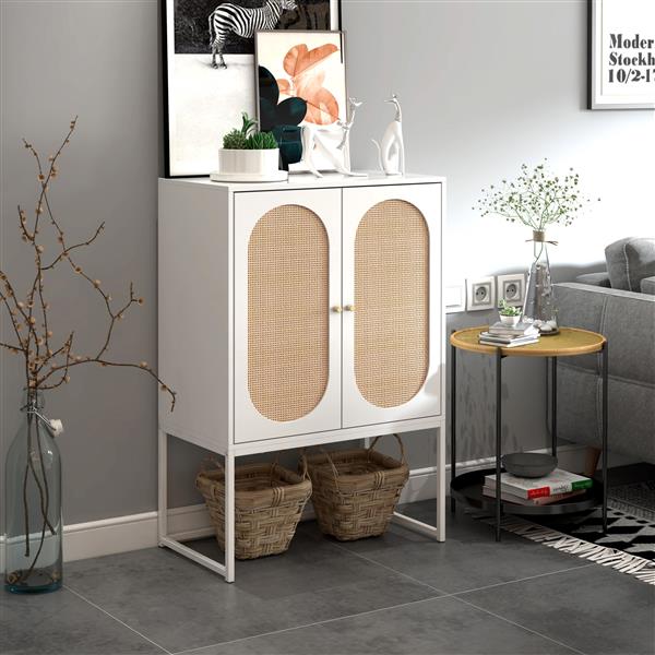 Natural Rattan 2 Door high cabinet, Built-in adjustable shelf, Easy Assembly, Free Standing Cabinet for Living Room Bedroom