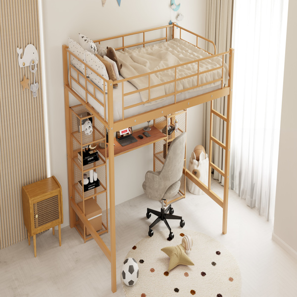 Full Size Metal Loft Bed with Built-in Desk and Shelves, Gold+Brown