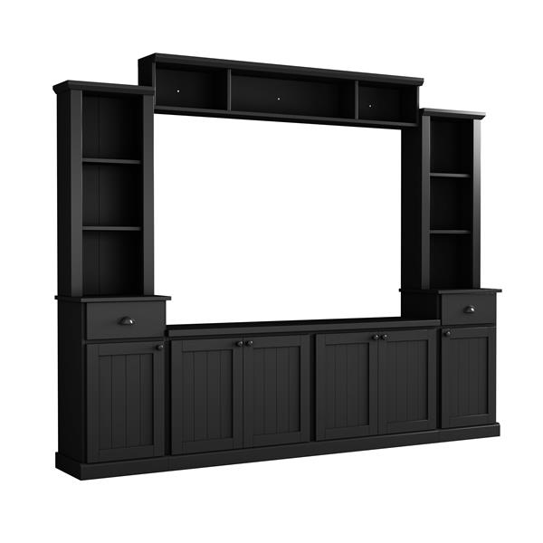 Minimalist Entertainment Wall Unit Set with Bridge for TVs Up to 75'', Ample Storage Space TV Stand with Adjustable Shelves, Modernist Large Media Console for Living Room, Black