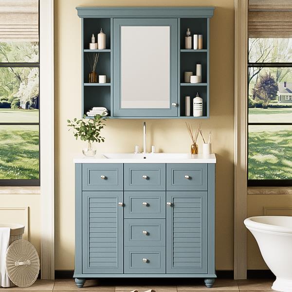 36'' Bathroom Vanity with Medicine Cabinet, Modern Mirror Cabinet with Adjustable Shelf, Bathroom Storage Cabinet with 2 Soft Closing Doors and 6 Drawers, Bathroom Vanity with Cabinet Door Organizers