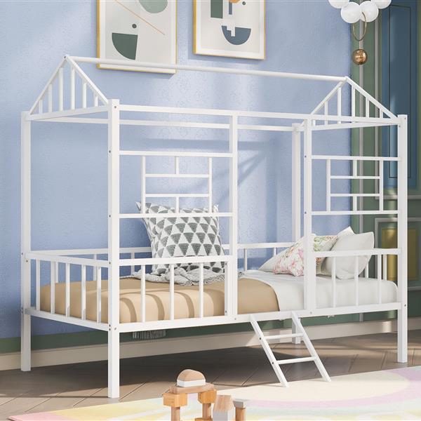 Metal House Bed Frame Twin Size with Slatted Support No Box Spring Needed White