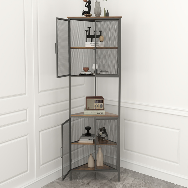 5-Tier Shelves with Metal Mesh Door, Bookcase Storage Shelf Corner Shelf for Small Space, Living Room