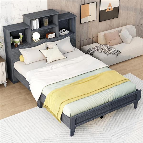 Full Size Storage Platform Bed Frame with 4 Open Storage Shelves and USB Charging Design,Gray