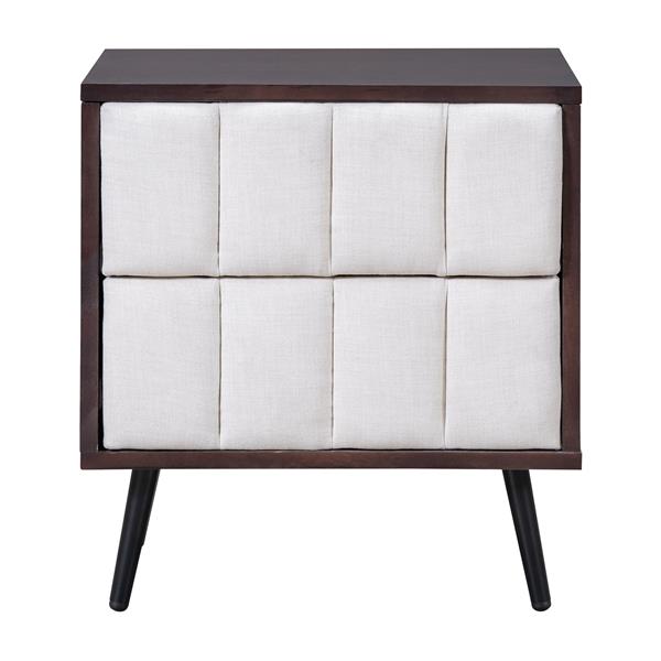 2-Drawer Nightstand for Bedroom, Mordern Wood+Linen Bedside Table with Classic Design,Walnut+Beige